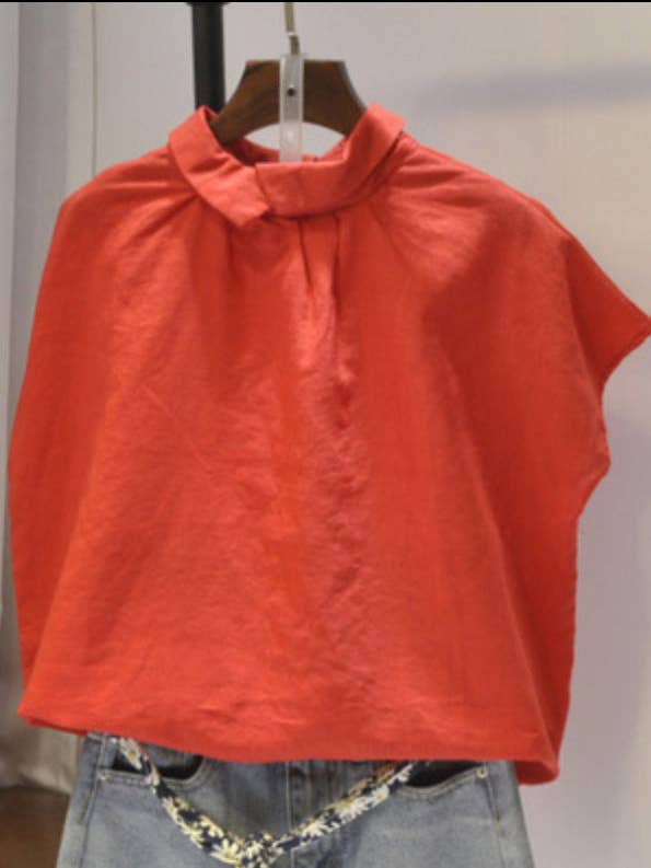 VividLux - Wholesale Blouse - Women's - Artistic Retro Short Sleeves Loose Pleated Solid Color Blouses&Shirts Tops