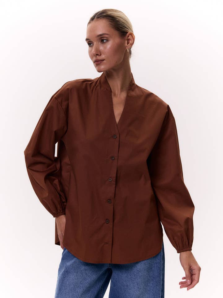 Camisa de algodão solta com gola alta de peça única por atacado de Azuri Fashion Group