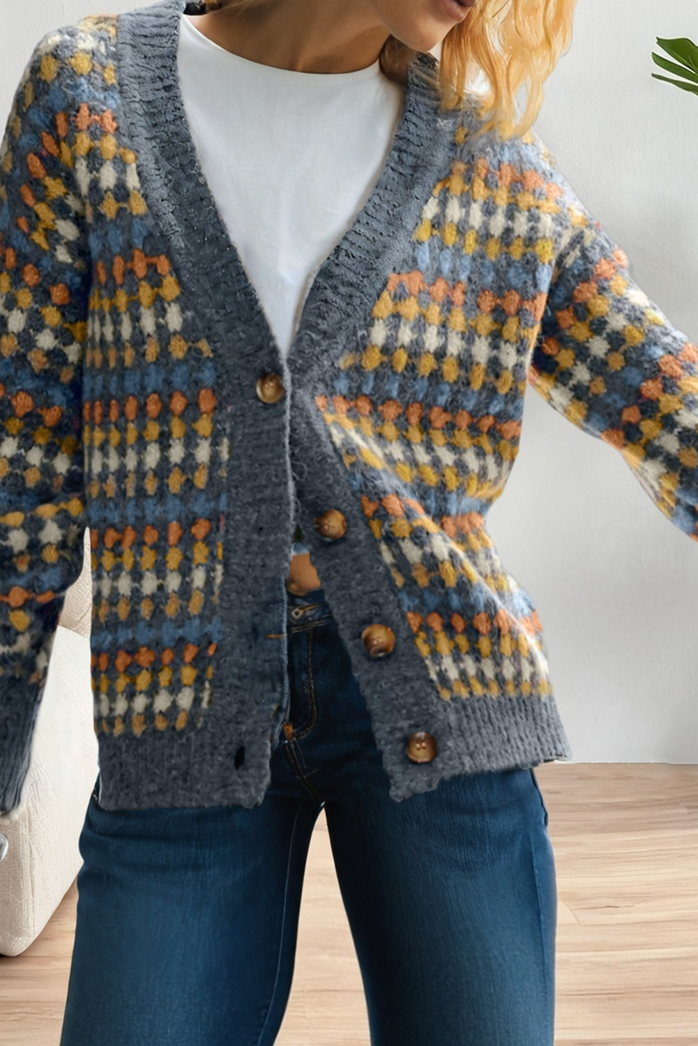 LA Society - Wholesale Cardigan - Women's - Dotty Pattern Knit Button Front V Neck Sweater Cardigan0