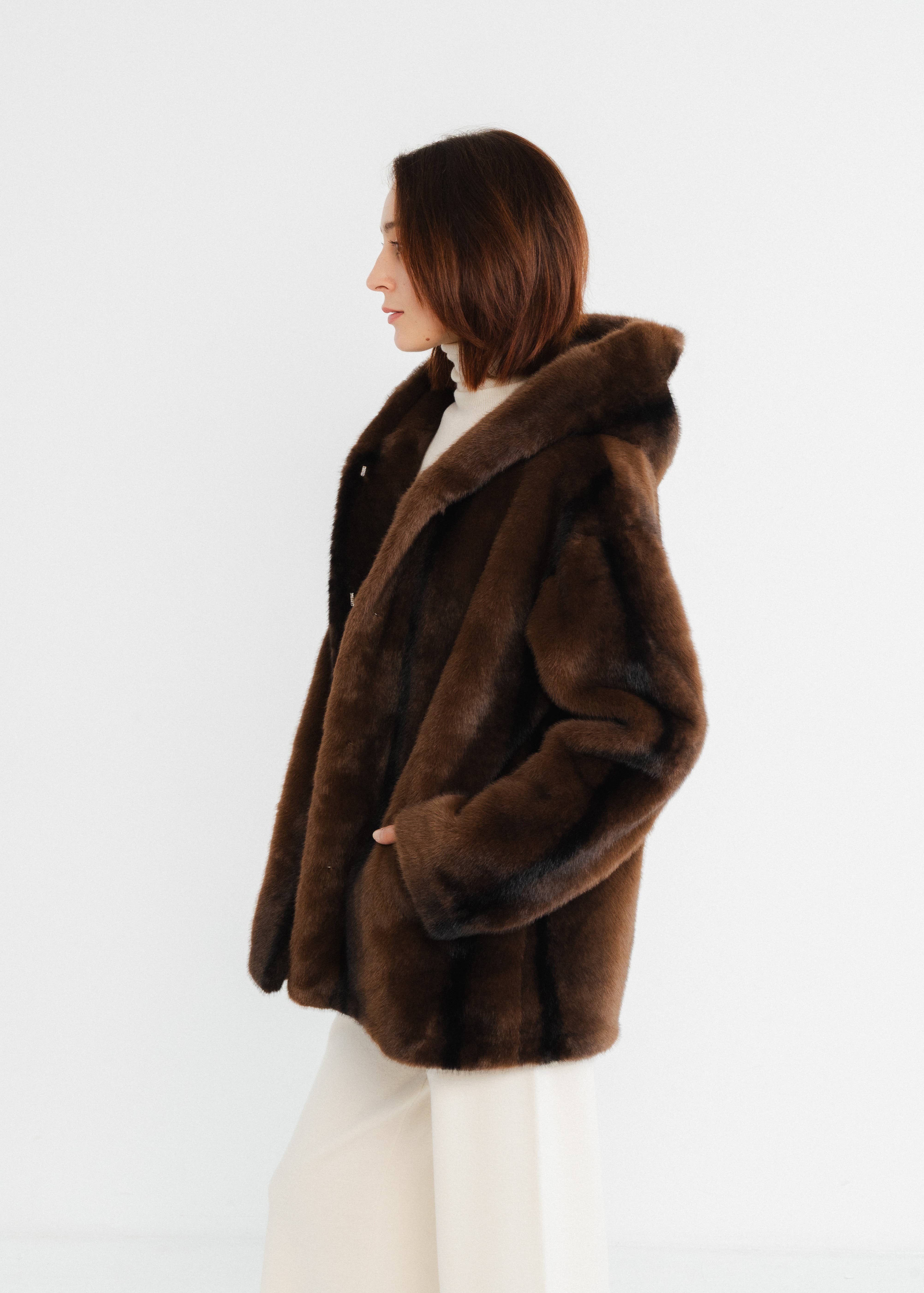Brown Mid-length coat with faux fur hood for wholesale on Faire2