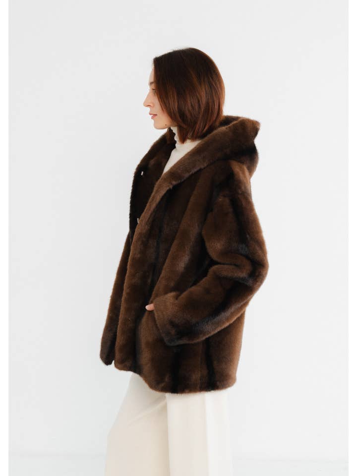 Brown Mid-length coat with faux fur hood for wholesale on Faire2