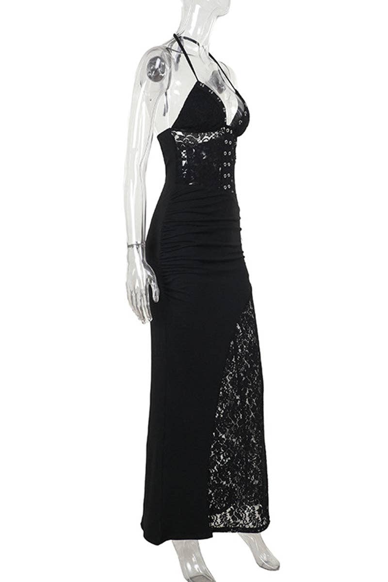 BLACK Halter Neck Ruched Lace Maxi Dress for wholesale on Faire3