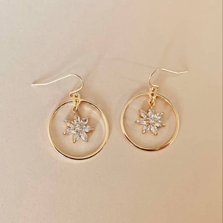 SALT by Sarah Curtis - Wholesale Dangle Earrings - CRYSTAL FLOWER HOOP EARRINGS | gold | sparkly earrings
