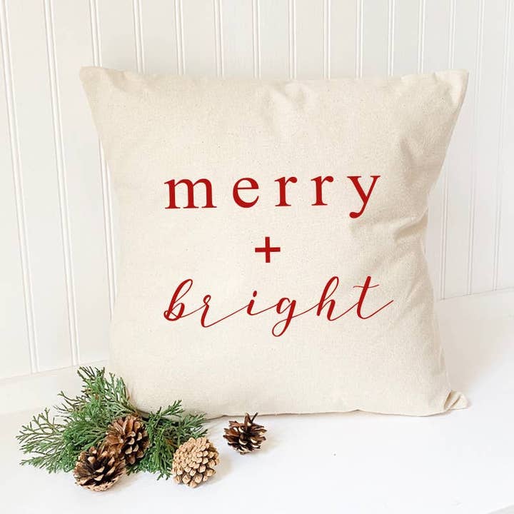 Merry + Bright Script - Christmas Square Canvas Pillow for wholesale by Indigo Tangerine