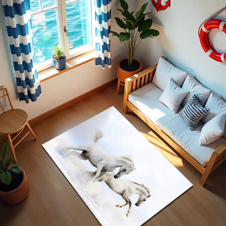 Alfombra con Estampado de Caballos Blancos: Estilo Rústico de Granja para venta al por mayor de Rugendary Trade LLC