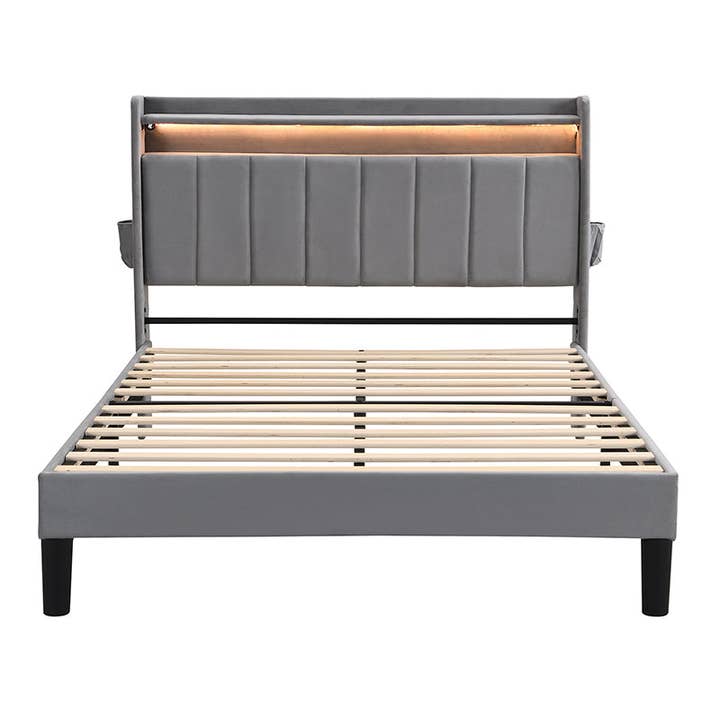 Upholstered velvet grey double bed with storage headboard, LED lighting and charging ports 135x190cm FIRNSNOW UK for wholesale by Urban Meuble UK