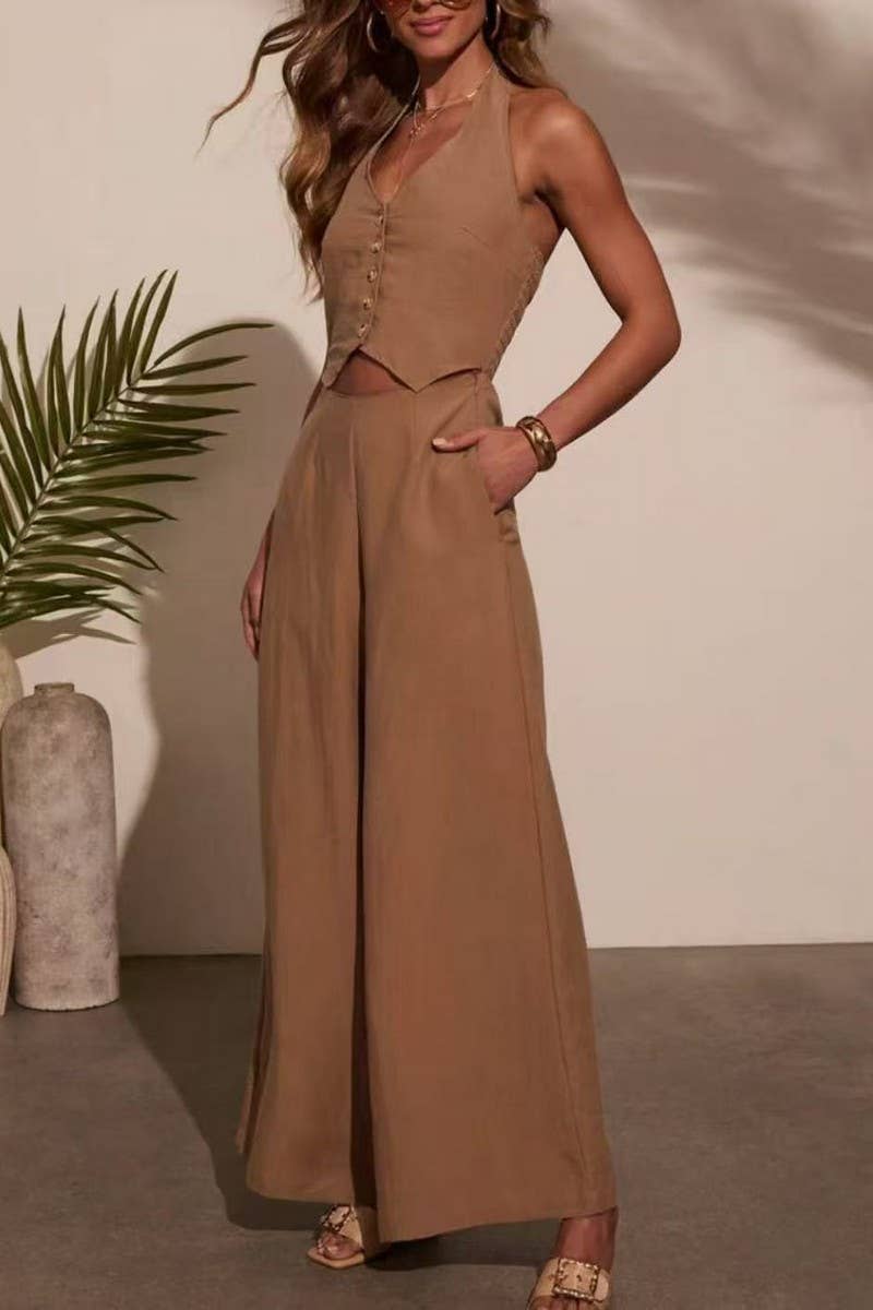 NINEXIS - Wholesale Jumpsuit - Women's - CWSJS1702_SOLID LINEN SLEEVELESS VEST WIDE LEG JUMPSUIT0