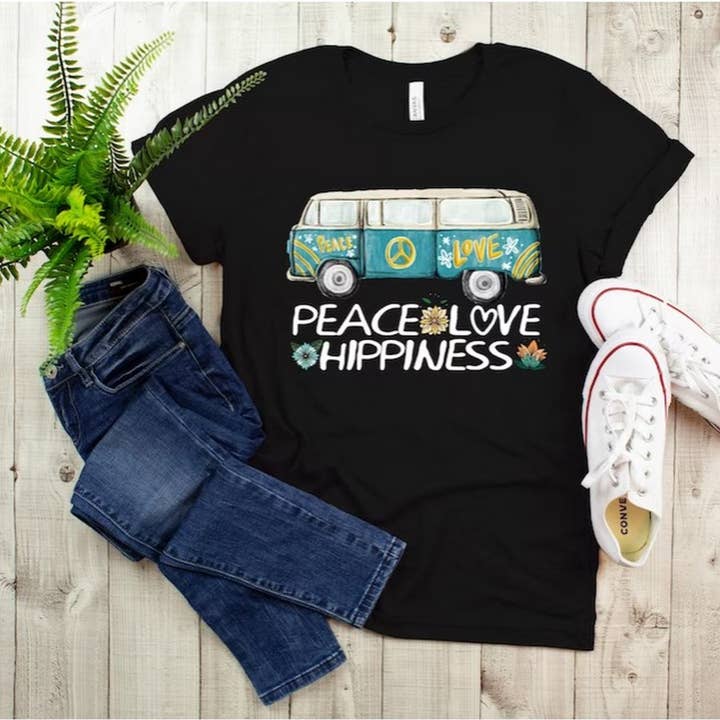 Black Peace Love Hippies T-Shirt, Peace Love and Party Shirt, Hipp for wholesale on Faire