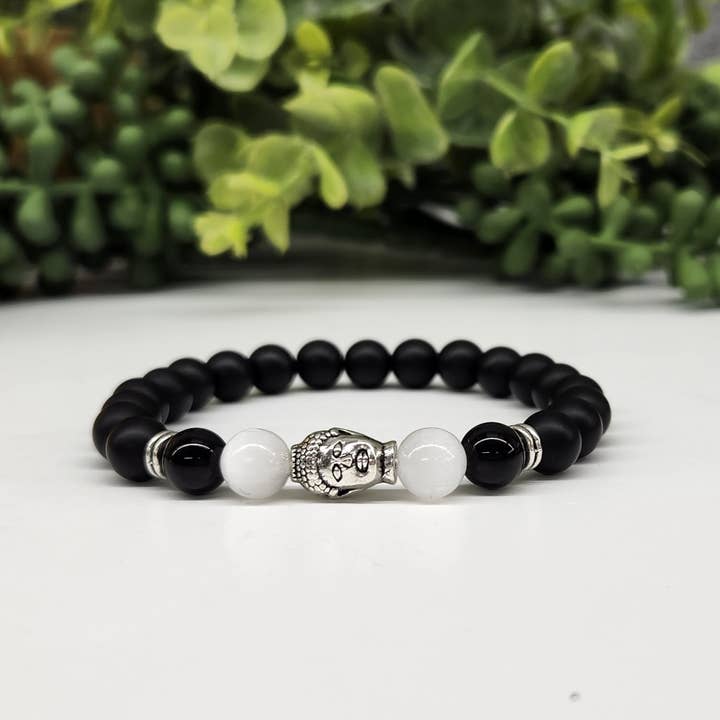 Buddha Bead with Selenite and Black Obsidian-Matte 8MM for wholesale by Meraki Gemstones