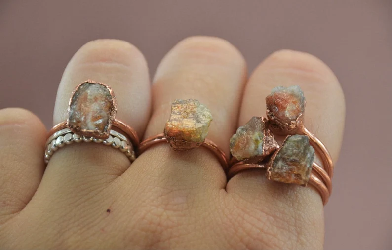 Daddy Daughter Jewelry - Wholesale Single Stone/Solitaire Ring - Raw Sunstone Copper Stone Ring || Flashy Sunstone Ring3