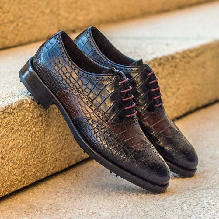 Aeron Golf Embossed Leather Brogue in Black / Dark Brown for wholesale by DapperFam