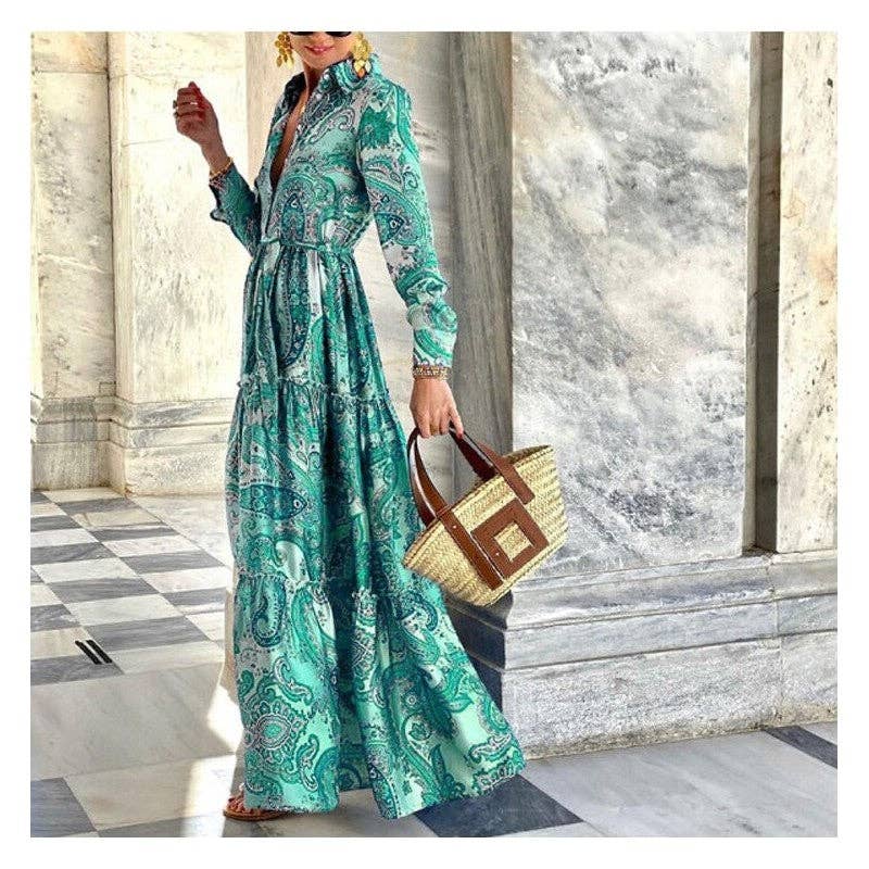 FurDecoration - Wholesale Dress - Women's - Elegant Lace-Up Maxi Dress with Printed Long Sleeves3