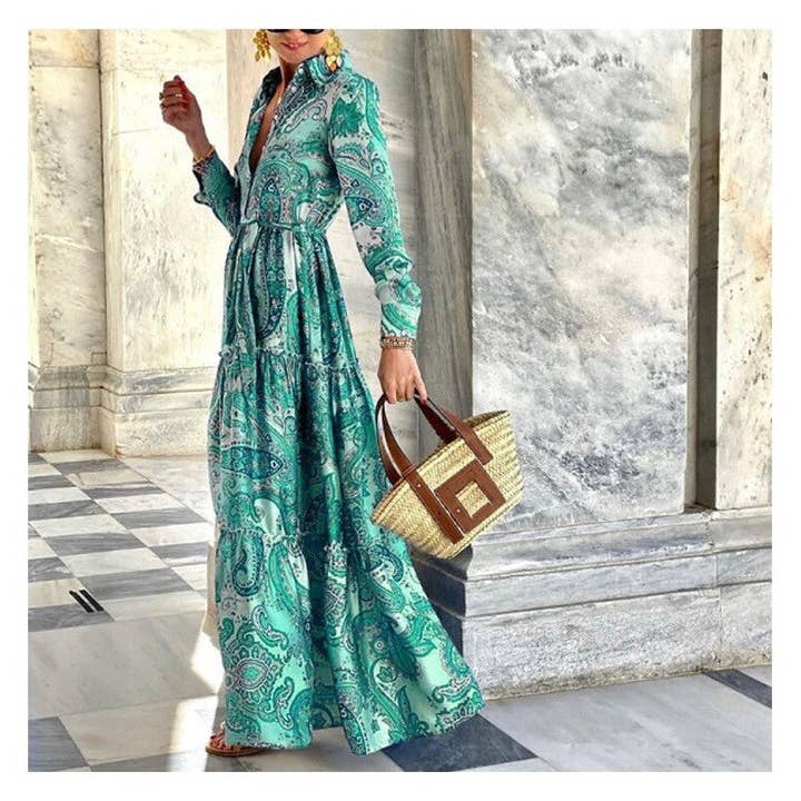 FurDecoration - Wholesale Dress - Women's - Elegant Lace-Up Maxi Dress with Printed Long Sleeves3