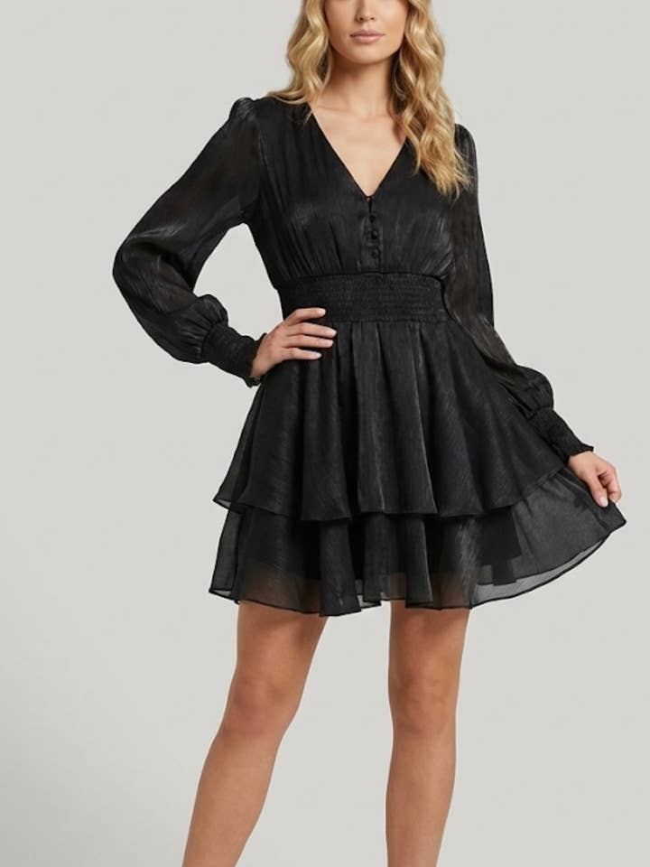 MF2518-sort kort kjole med lange gennemsigtige ærmer for engroshandel hos Lilie Rose