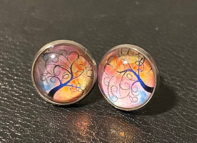SMA Artistry Creations - Wholesale Stud/Post Earrings - 12mm Tree of life design glass cabochon stud earrings17
