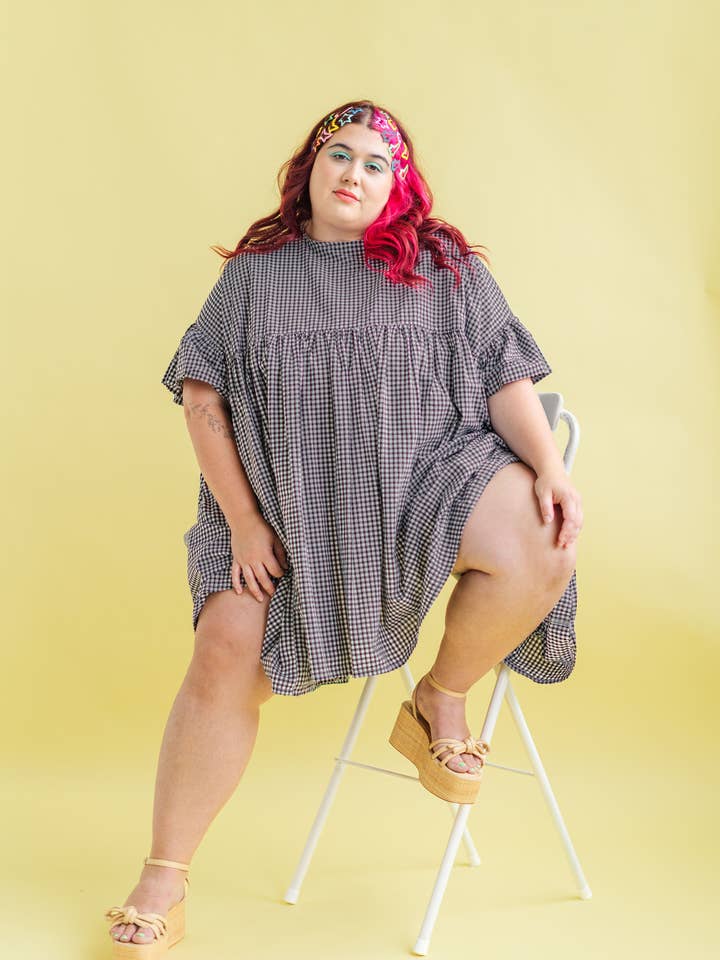 Size Inclusive Plus Size Ruffle Mini Dress Black Gingham for wholesale by Nettle Studios