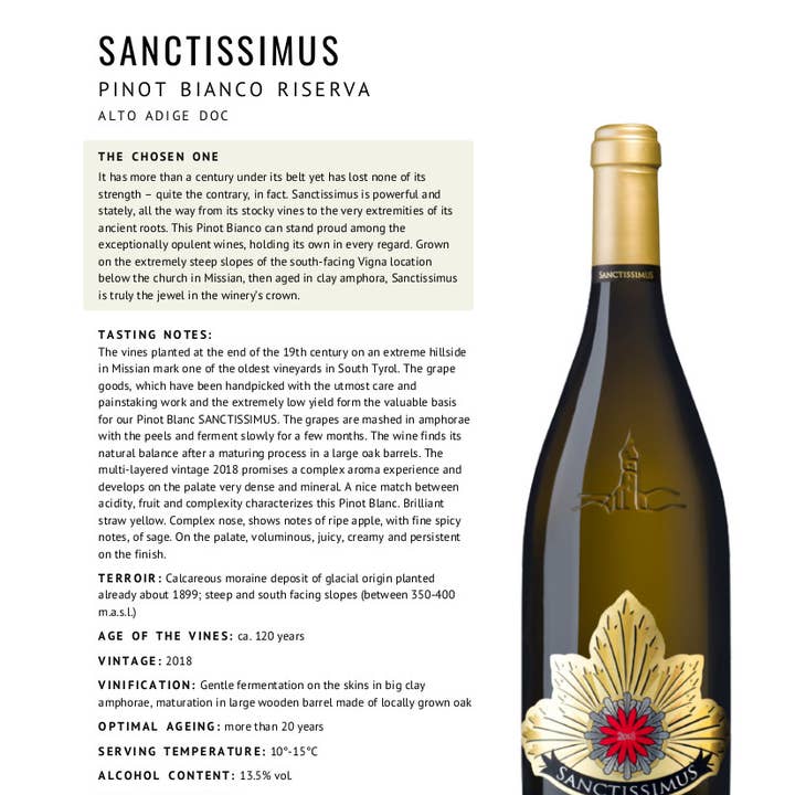 Metina SAS - Wholesale Red Wine - SANCTISSIMUS Pinot Bianco Riserva A.Adige DOC San Paolo 3X752
