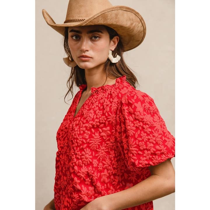 IVE - Wholesale Knit Top - Women's - FLORAL PATTERN TEXTURE SHORT BALLOON SLEEVES TOP4