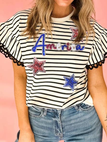 America Sequin Star Stripes Tee for wholesale by Krush Kandy