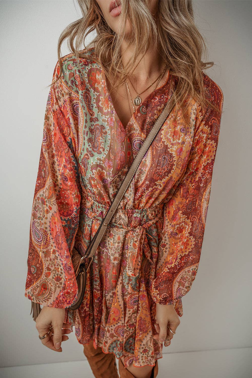 Orange Boho Paisley Print Long Sleeve Pleated Belted Mini Dress for wholesale on Faire3
