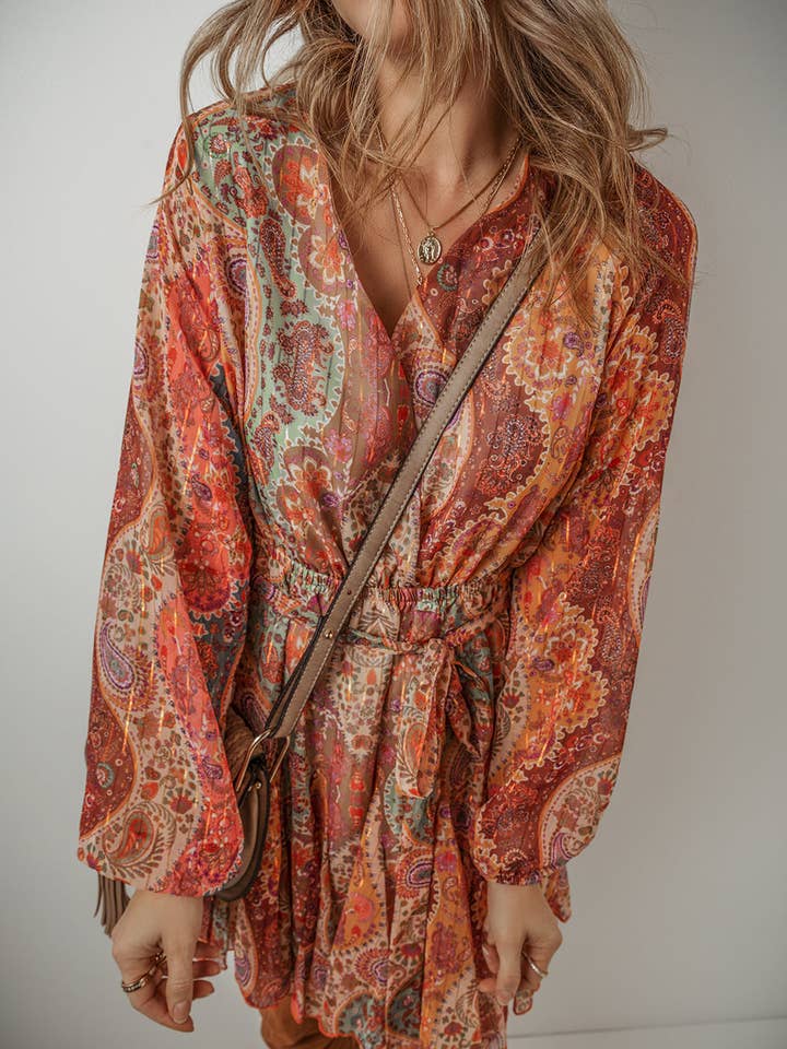 Orange Boho Paisley Print Long Sleeve Pleated Belted Mini Dress for wholesale on Faire3