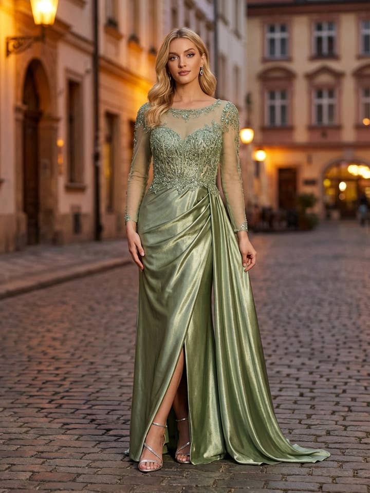 R0723 langærmet aftenkjole i satin for engroshandel hos Alice'Desir