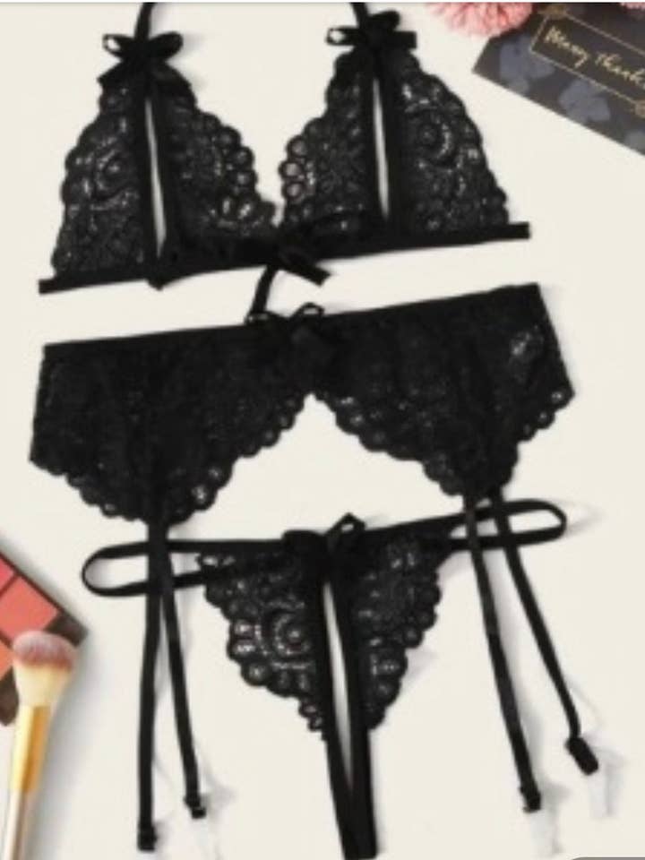 La Belle Fantastique 3 Piece Lace lingerie Set, Sexy lingerie Set, Center Cut Bra Boob, Crotchless panty, Black lingerie set, Sheer lingerie for wholesale by La Belle Fantastique