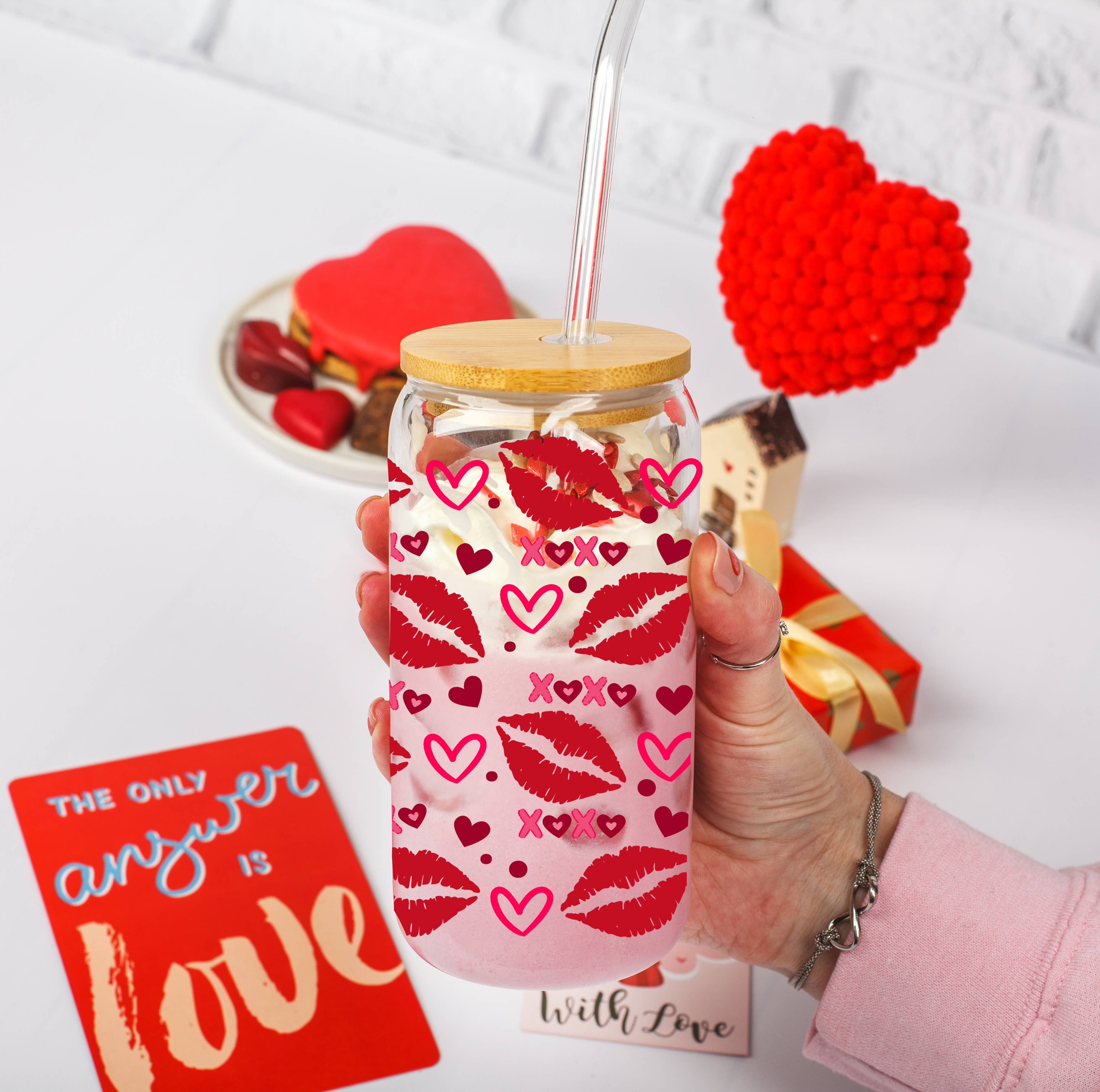 Gia Roma - Wholesale Coffee Mug - Valentines Glass Tumblers Heart Smiley, Galentines Gift Idea30