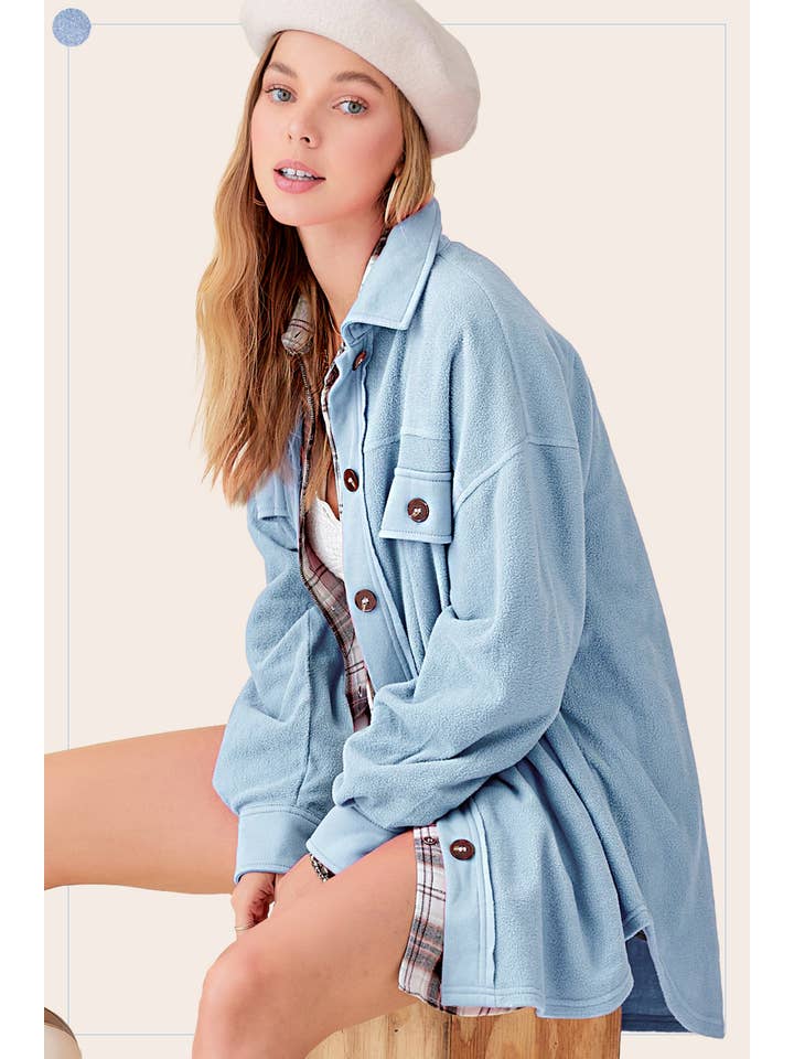 La Miel - Wholesale Shirt Jacket/Shacket - Women's - JKT1712-Loose Fit Button Down Long Sleeve Fleece Shacket