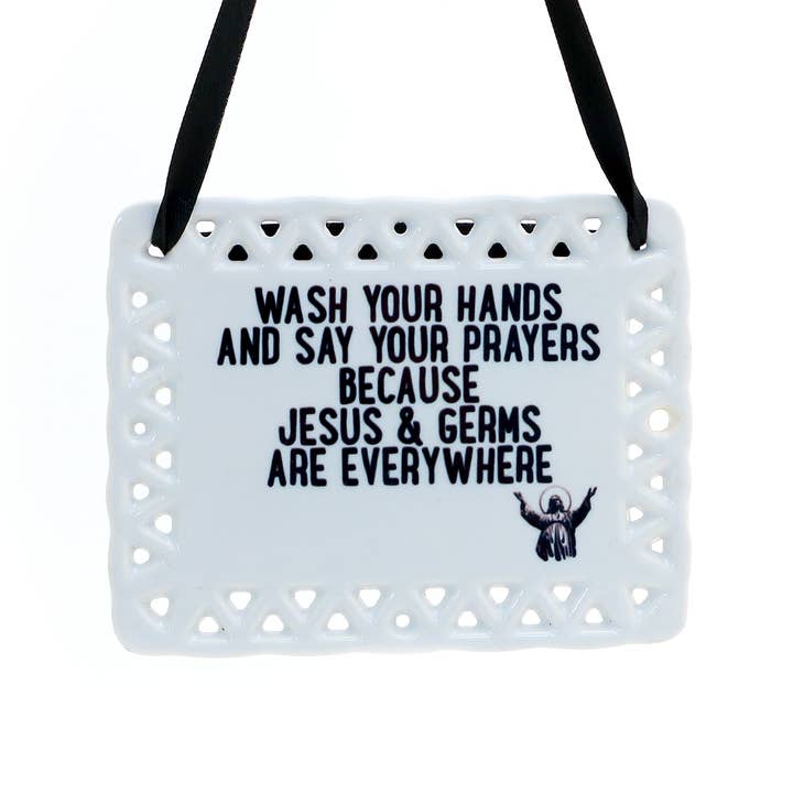 Jesus and Germs Ceramic plaque, ceramic wall hanging for wholesale by Lenny Mud