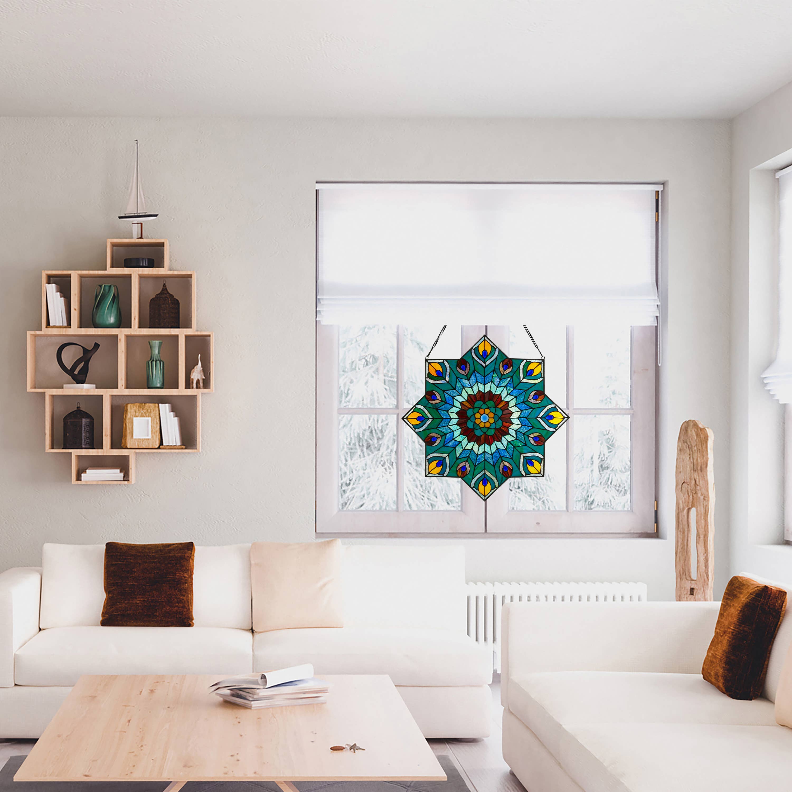 River of Goods - Vente Attrape-soleil - Panneau de vitrail bleu paon Presley de 24 po H4