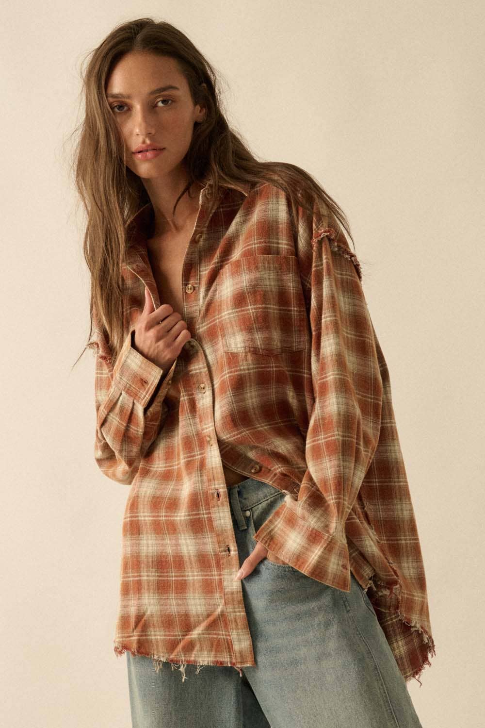 Promesa USA - Wholesale Button Down Shirt - Women's - Plaid Flannel Oversized Raw-Edge Pocket Shirt21