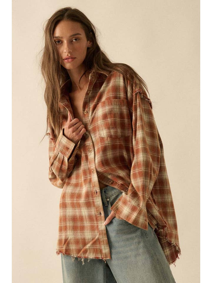 Promesa USA - Wholesale Button Down Shirt - Women's - Plaid Flannel Oversized Raw-Edge Pocket Shirt21