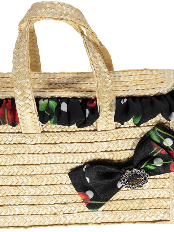 PS23S015004-Straw basket with ruffles and black bow for wholesale by Piccola Speranza