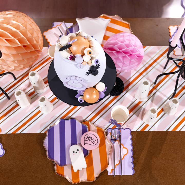 Gatherings by Curated Paperie - Wholesale Disposable Plate - Pink, Orange & Purple Spooky Stripes Dinner Paper Plates