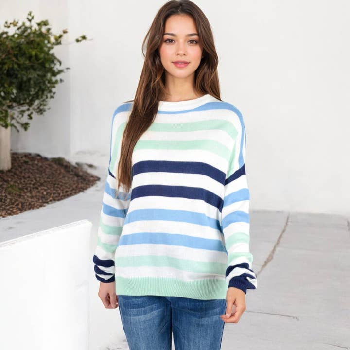 Blue Striped Knit Sweater with Long Sleeves and Relaxed Fit for wholesale on Faire