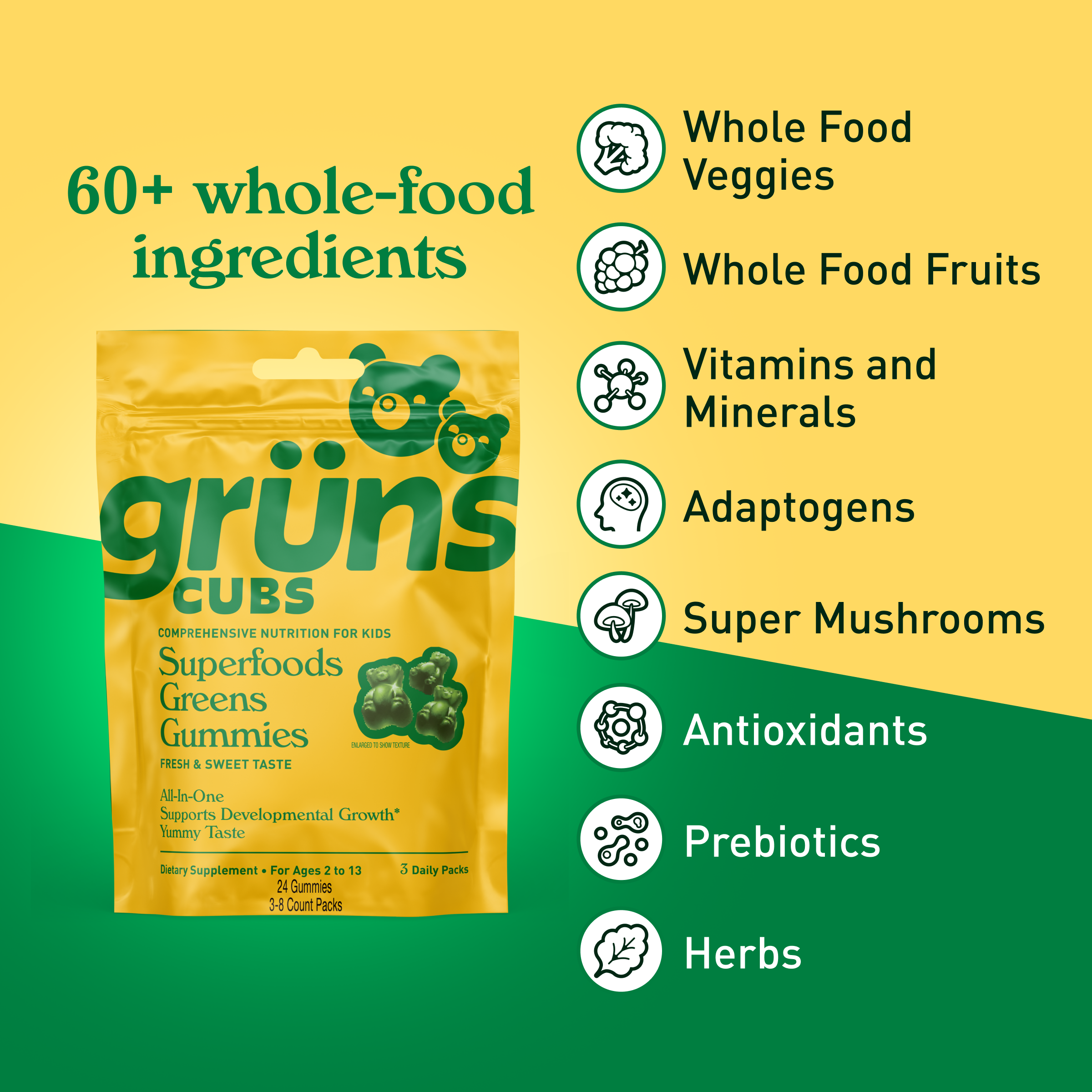 Grüns - Wholesale Oral Supplement/Vitamin - Grüns Kids Superfood Greens Gummies, 3 Servings2