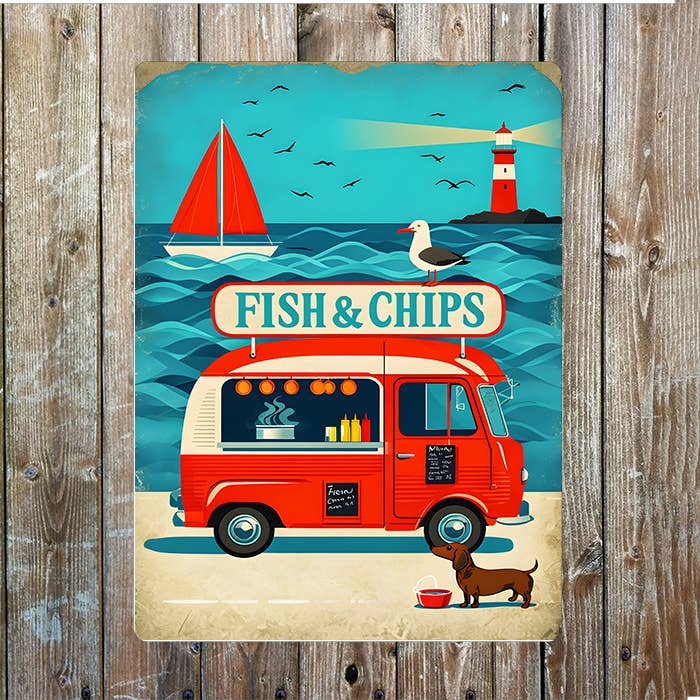 The British Metal Signs Company – wholesale Sign – Retro Fish And Chips Truck Seaside Metal Sign Plaque
