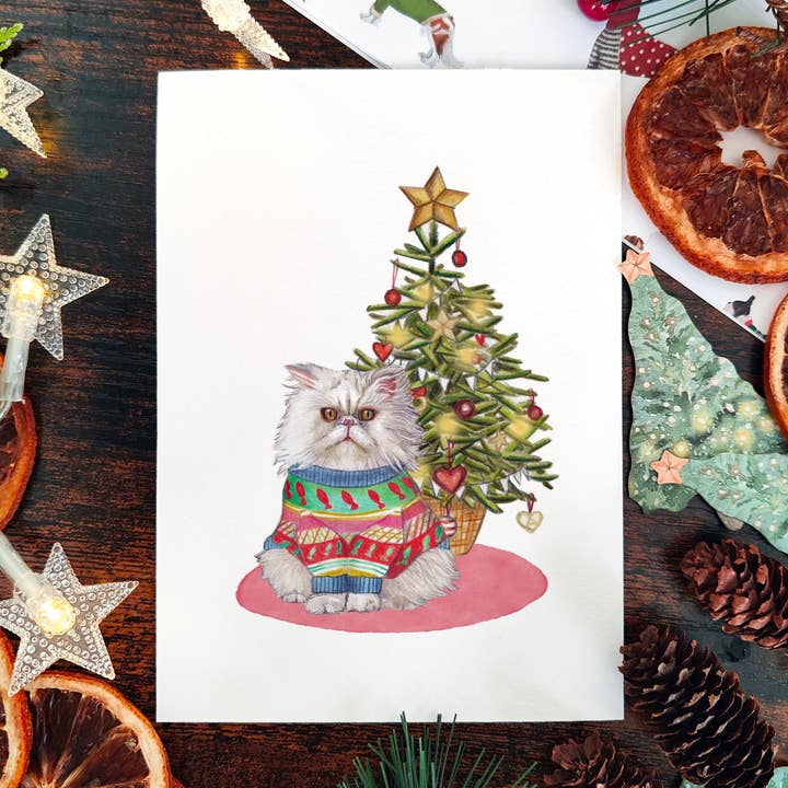 Hand Illustrated Persian Cat Christmas Card for wholesale by Beth Goodwin Designs