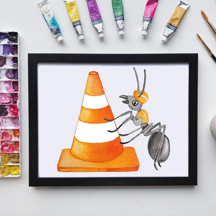 Ant Construction Print – Whimsical Worker Ant Art for wholesale by Owlfeathers Watercolor