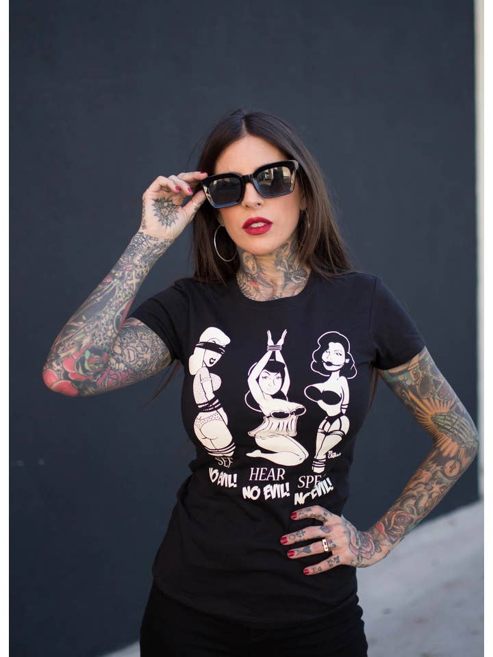 Black Cream NO EVIL Vintage Pinup Graphic Print Tee for wholesale on Faire