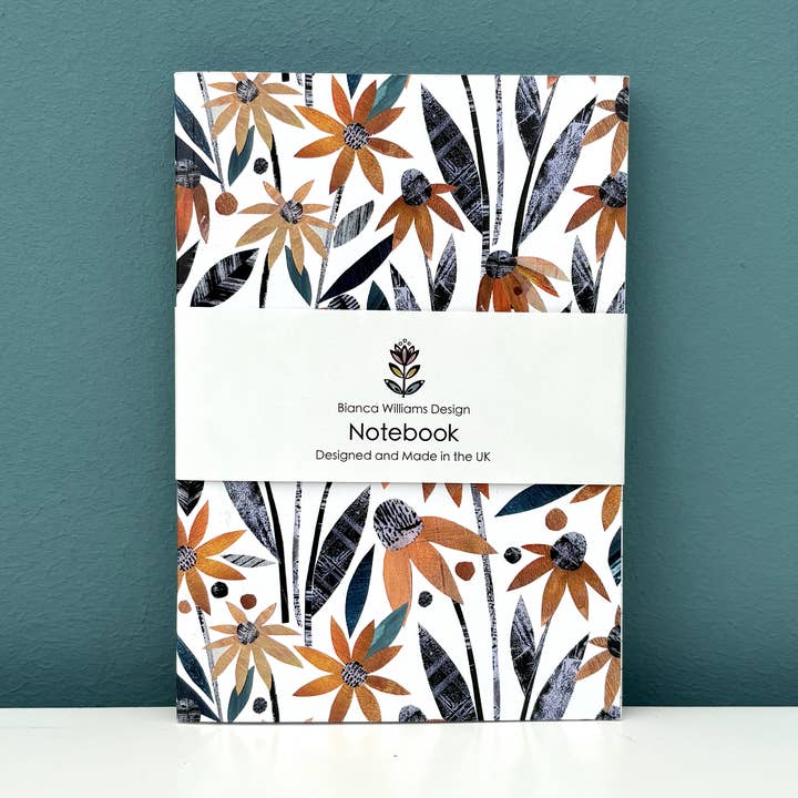 Herfstbloemen A6-notitieboek met oranje Rudbeckia-bloemen voor wholesale door Bianca Williams Design