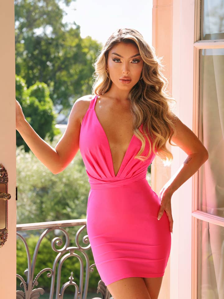 DS116 Women's Plunge Cross-Back Mini Dress for wholesale by Jessica Angel Inc.