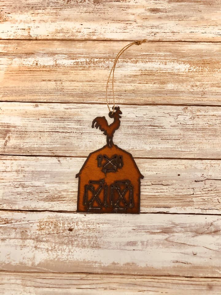 Barn Ornament w/ Rooster rustic metal Christmas Western for wholesale by Universal Ironworks USA