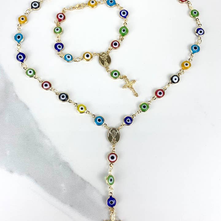 Luxus Accessories - Vendita all'ingrosso Collane a grani - Rosario a forma di divino bambino con occhi greci colorati riempiti in oro 18 carati o Br5