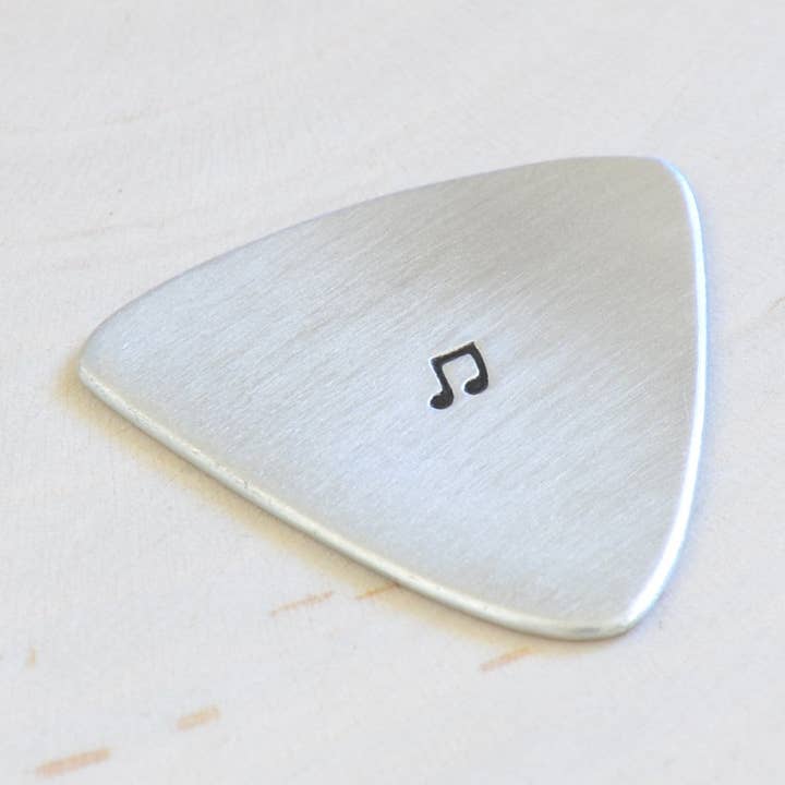 Aluminum Bass Triangular Guitar Pick with Musical Inspiration for wholesale by NiciArt LLC