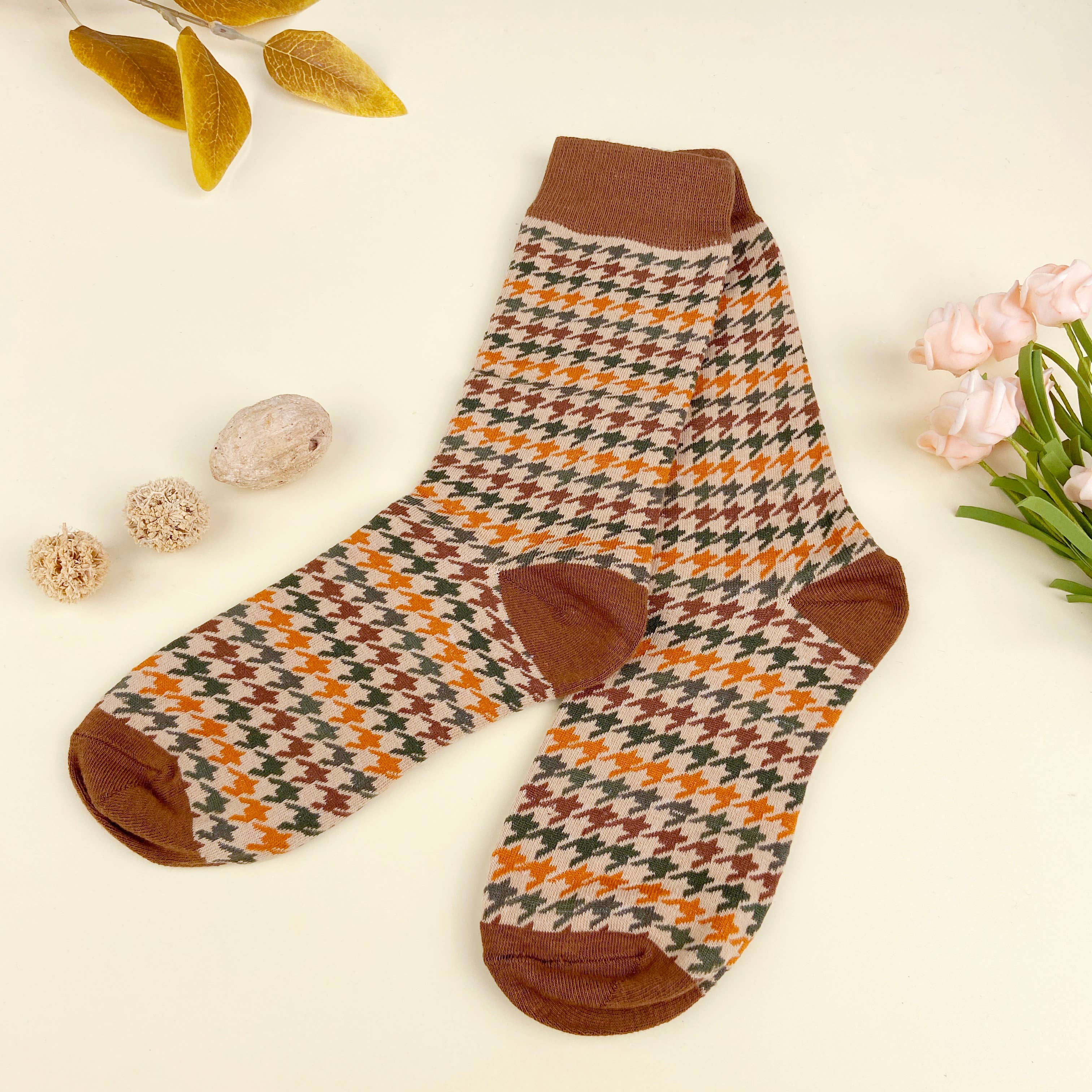 mildstyles - Wholesale Socks - Women's - Vintage Houndstooth,Small Floral Trendy Mid-Calf Socks3