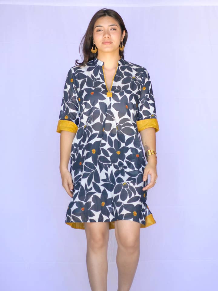 Amelia Contrast Cuff Tunic Dress- Black Beige for wholesale by Dolma