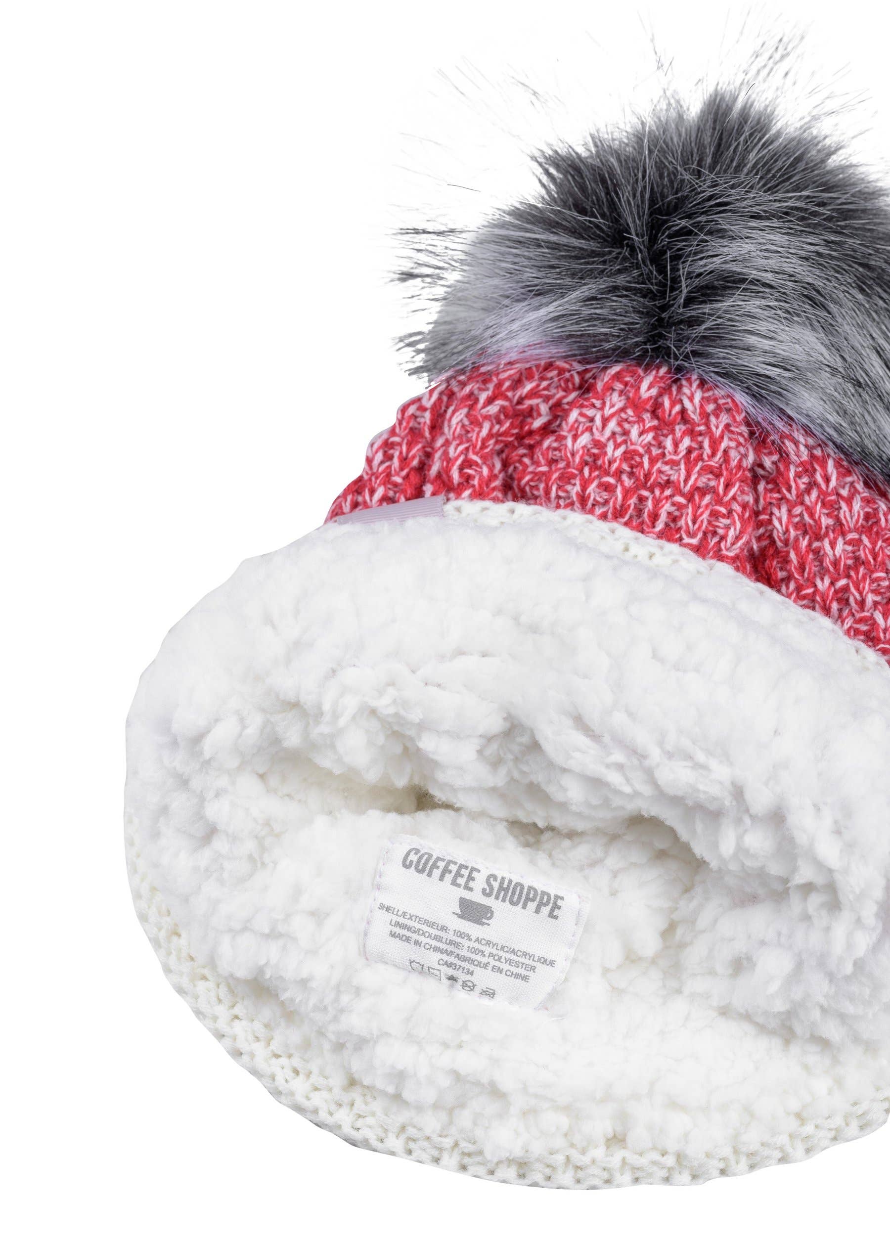 Deep Red Canadiana Beanie by Coffee Shoppe - Faux Fur Pom-Pom for wholesale on Faire2