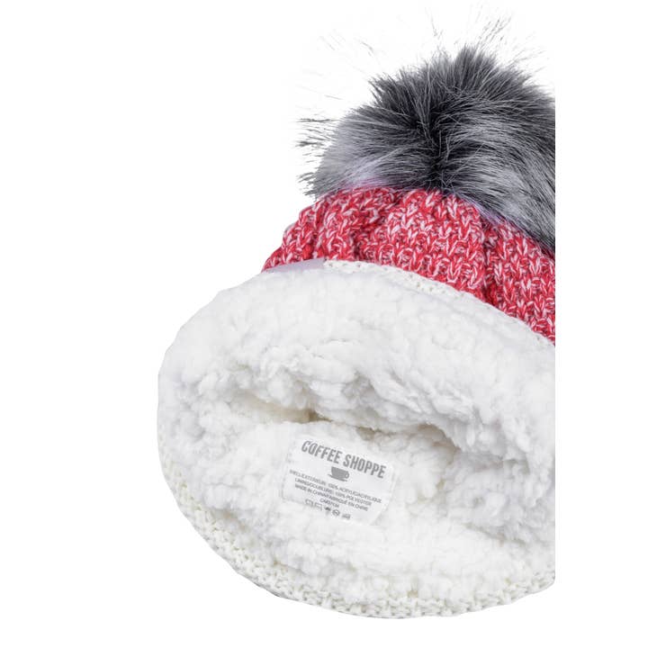 Deep Red Canadiana Beanie by Coffee Shoppe - Faux Fur Pom-Pom for wholesale on Faire2
